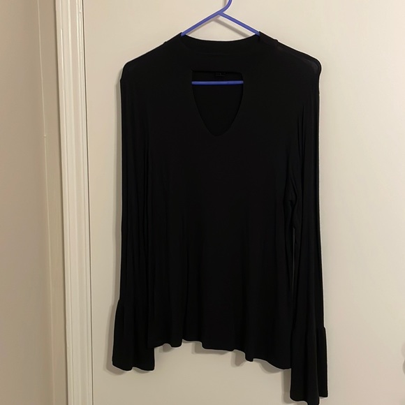 Joe Boxer black long sleeve keyhole blouse with fluted sleeves - Picture 1 of 7